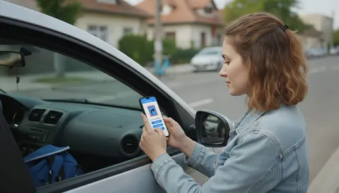 Tânără lângă mașină rezolvând chestionare auto pe telefon, într-o zonă rezidențială