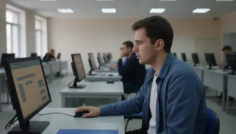 Candidat rezolvând chestionarul auto pe calculator, în sala de examen DRPCIV