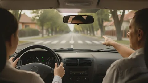 Cursant la volanul mașinii de școală, cu instructorul de pe scaunul din dreapta arătând spre drumul din față, pe o stradă liniștită mărginită de copaci, cu trecere de pietoni marcată.