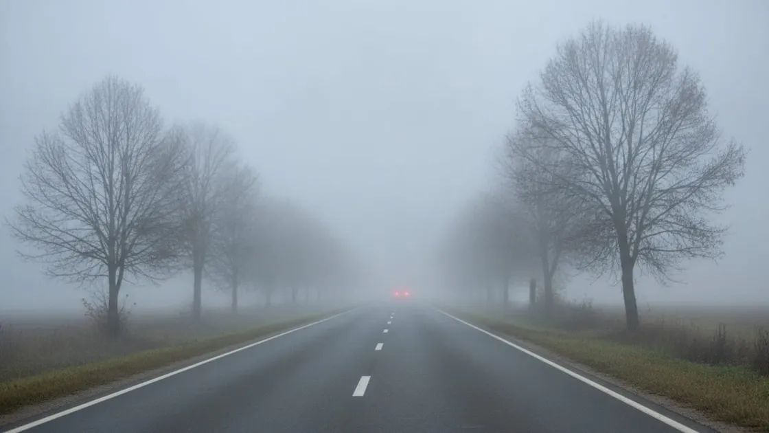 Drum național acoperit de ceață densă dimineața, printre copaci desfrunziți, cu stopurile unei mașini abia vizibile în depărtare.