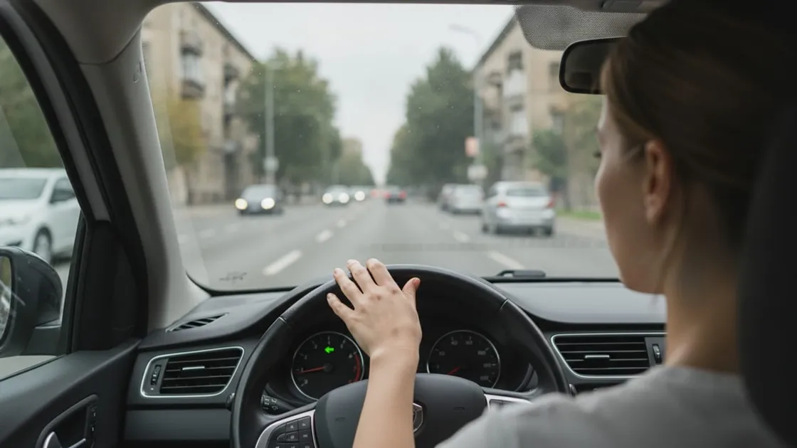 Șoferiță cu mâna pe volan și semnalizatorul stâng aprins (săgeată verde pe bord), verificând traficul înainte de schimbarea benzii pe un bulevard.
