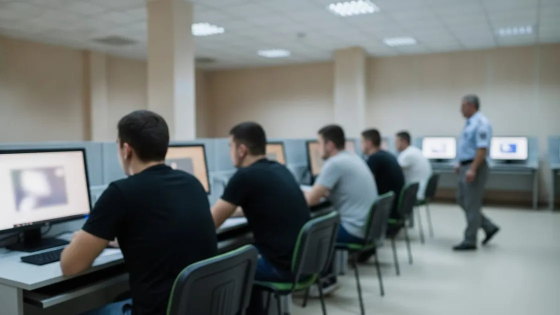 Candidați așezați la calculatoare într-o sală de examinare auto, fotografiați din spate, în timp ce un supraveghetor în uniformă trece pe lângă rândul de birouri.