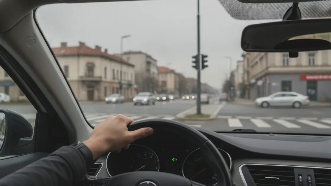 Vedere din spatele șoferului, cu mâna stângă pe volan, către o intersecție largă dintr-un oraș, cu un semafor pe colțul opus și mașini venind din față; pe bordul mașinii este aprinsă săgeata verde de semnalizare stânga.
