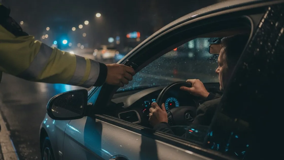 Polițist cu vestă reflectorizantă întinde etilotestul prin geamul lăsat al mașinii, către un șofer cu mâinile pe volan, oprit noaptea în trafic sub lumina albastră a girofarului.