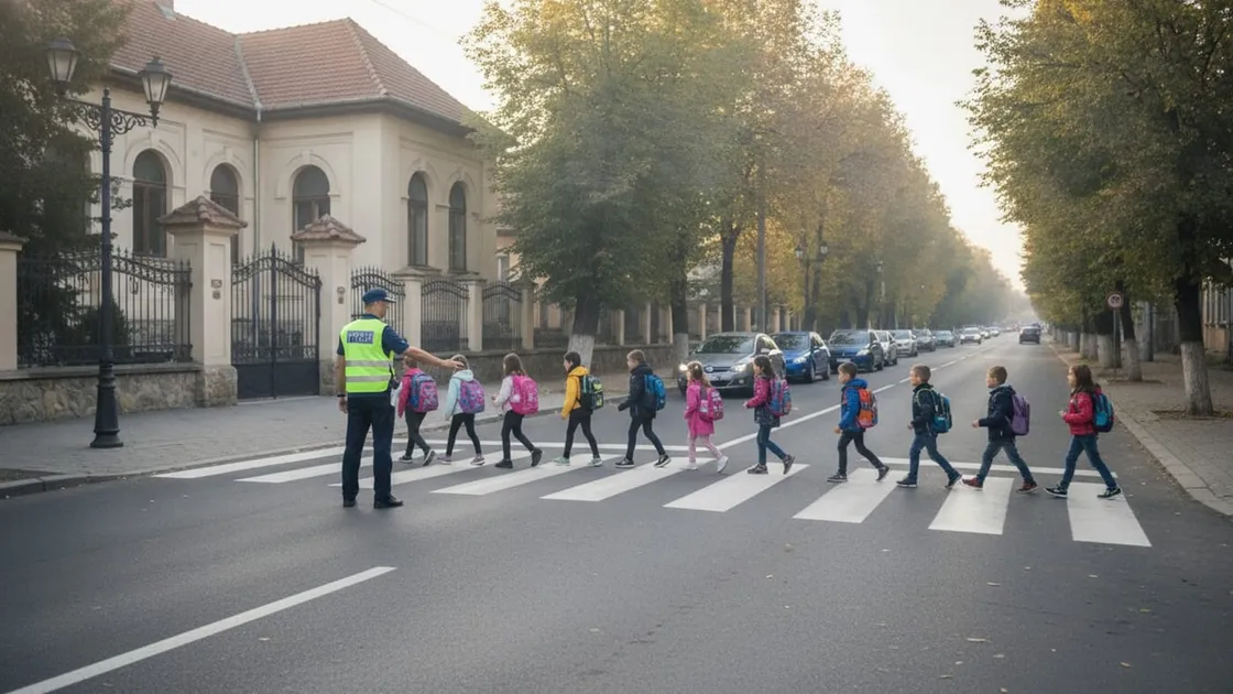 Un polițist oprește traficul cu mâna ridicată, în timp ce un șir lung de elevi cu ghiozdane traversează strada pe trecerea de pietoni, într-o dimineață de septembrie.