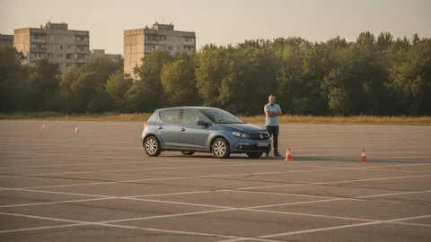 Mașină de școala de șoferi și instructor cu brațele încrucișate, pe un poligon asfaltat, gol, cu jaloane portocalii și blocuri în fundal, în lumina caldă a după-amiezii.