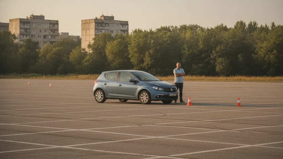 Mașină de școala de șoferi și instructor cu brațele încrucișate, pe un poligon asfaltat, gol, cu jaloane portocalii și blocuri în fundal, în lumina caldă a după-amiezii.