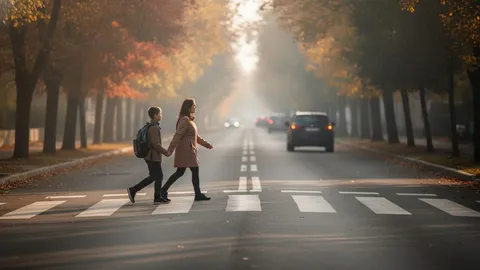O femeie și un băiat cu ghiozdan traversează o trecere de pietoni marcată, pe un bulevard mărginit de copaci, într-o dimineață cețoasă de toamnă, cu mașini în depărtare.