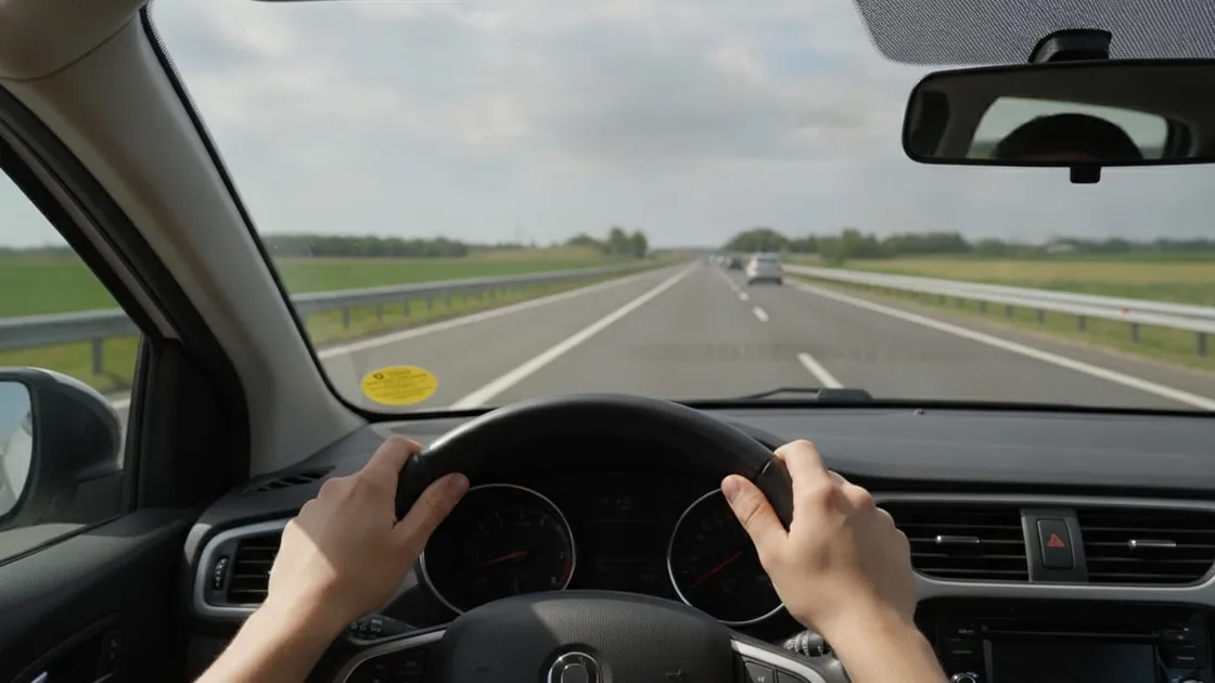 Mâinile unui șofer pe volan, văzute din interiorul mașinii pe o autostradă, cu un abțibild galben lipit jos, în colțul parbrizului.