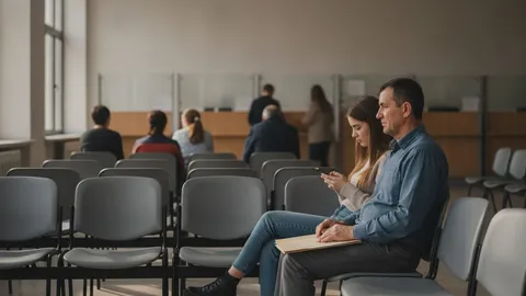 Un bărbat ține un dosar de documente pe genunchi, iar o tânără de lângă el își verifică telefonul, așezați pe scaune într-o sală de așteptare luminoasă a unei instituții publice, cu ghișeele neclare în fundal.