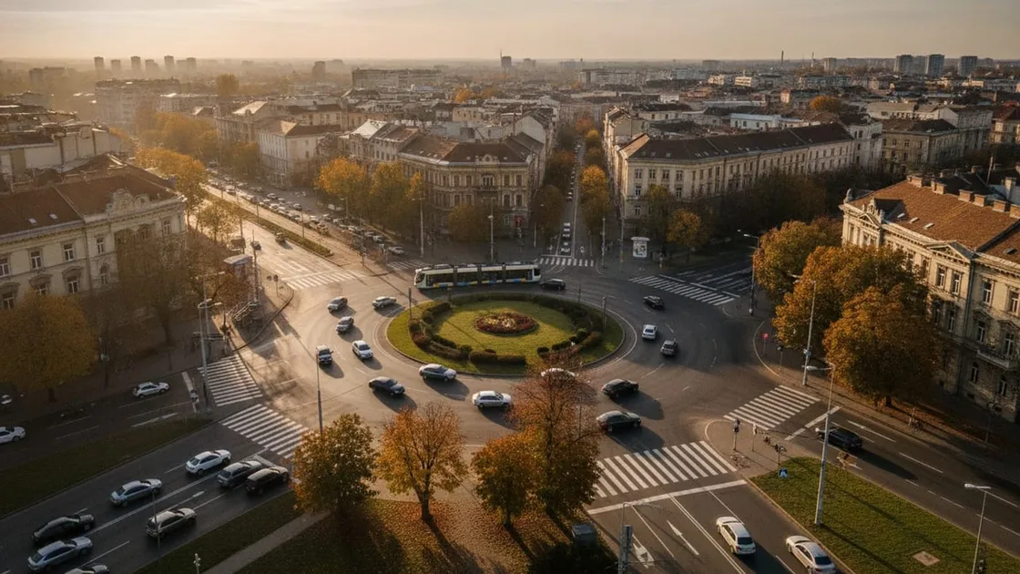 Vedere de sus, în lumină caldă de dimineață, asupra unui sens giratoriu dintr-un oraș românesc, cu un tramvai care traversează intersecția și treceri de pietoni pe fiecare arteră