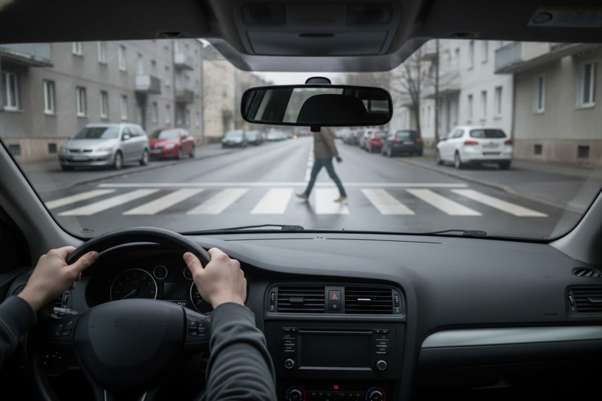 Perspectiva șoferului, cu ambele mâini pe volan, al unei mașini oprite înainte de o trecere de pietoni marcată, pe care traversează un pieton.