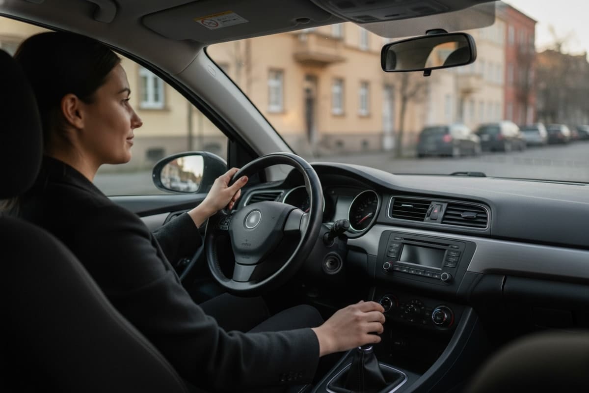 Mâna dreaptă a cursantului pe schimbătorul manual de viteze, cu mâna stângă pe volan, în timpul unei ore de pregătire.