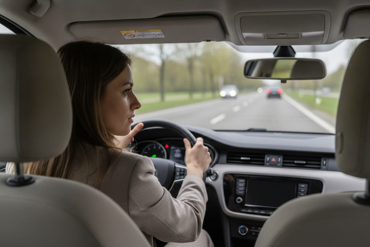 Șoferița întoarce capul peste umărul stâng, verificând unghiul mort prin geamul lateral înainte de schimbarea benzii, cu ambele mâini pe volan.