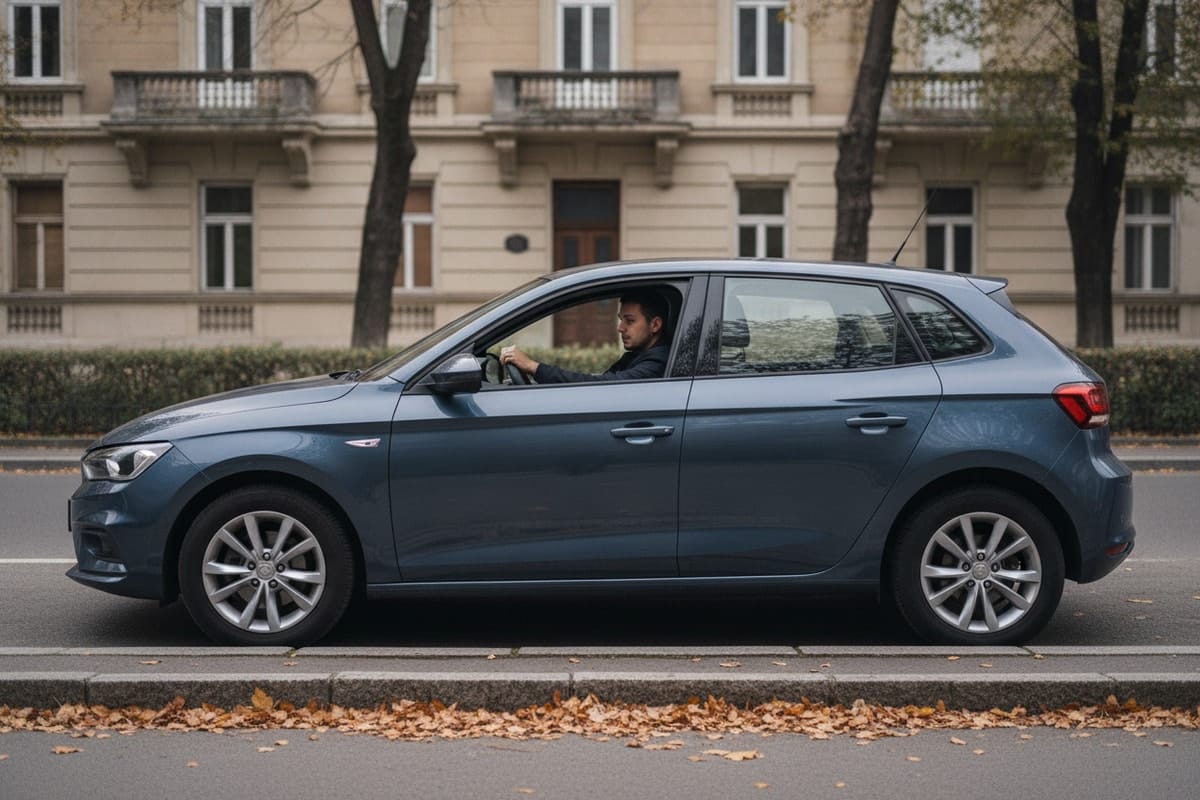 Mașină oprită paralel cu bordura pe o stradă din oraș, văzută strict din lateral, cu șoferul la volan și frunze de toamnă căzute lângă bordură.