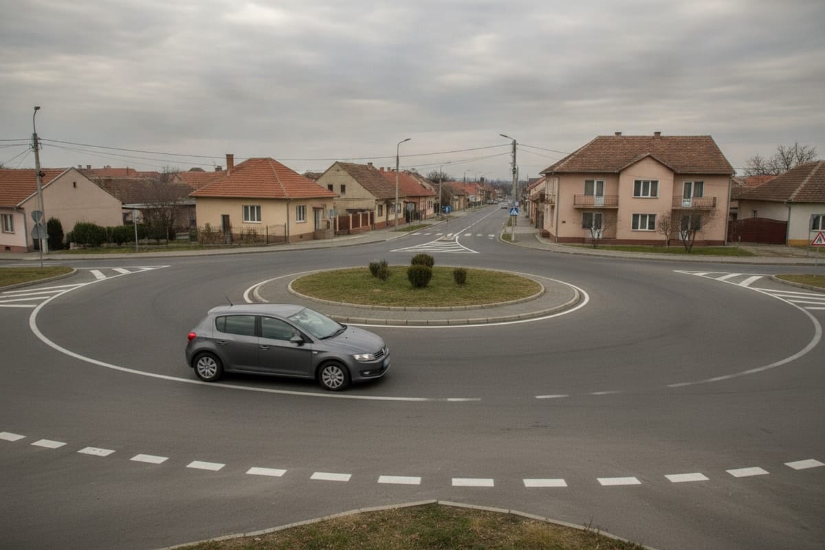 Mașină gri ieșind dintr-un sens giratoriu, cu roțile din dreapta chiar lângă linia continuă de la ieșire.