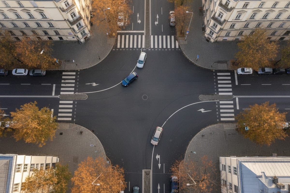 Vedere de sus a unei intersecții în care două mașini, venite din sensuri opuse, virează la stânga pe traiectorii curbate marcate pe asfalt, trecând fiecare prin stânga centrului intersecției, fără ca traseele lor să se încrucișeze.