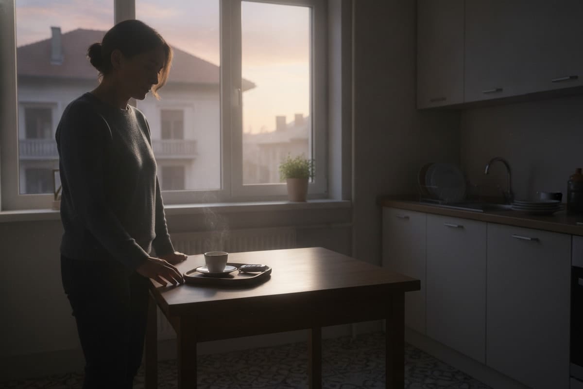 O femeie privește în zori, din profil, cheile mașinii așezate lângă o ceașcă de cafea pe masa din bucătărie, nehotărâtă dacă să conducă.