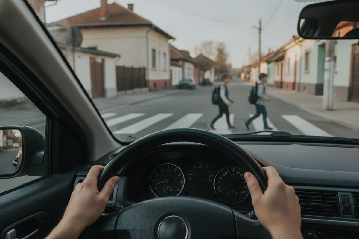 Șofer oprit complet la trecerea de pietoni, cu mâinile pe volan, în timp ce doi copii cu ghiozdane traversează strada.