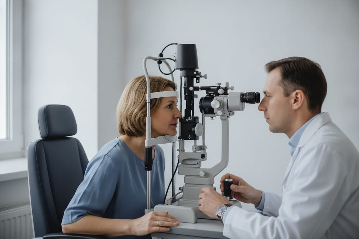 Pacientă așezată la foropter, cu medicul oftalmolog reglând aparatul de testare a vederii