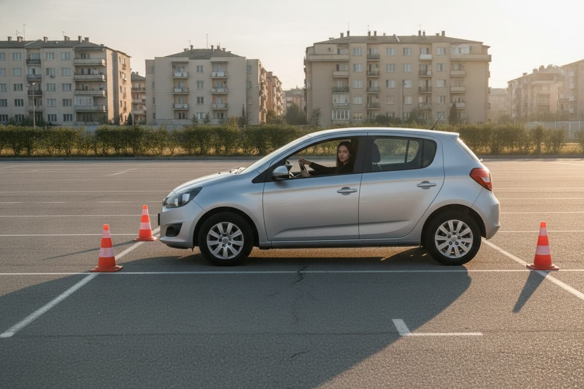 Mașină mică, argintie, văzută din lateral, oprită între două jaloane portocalii care marchează un loc de parcare, cu o persoană la volan, pe asfaltul gol al unui poligon, cu blocuri în fundal.